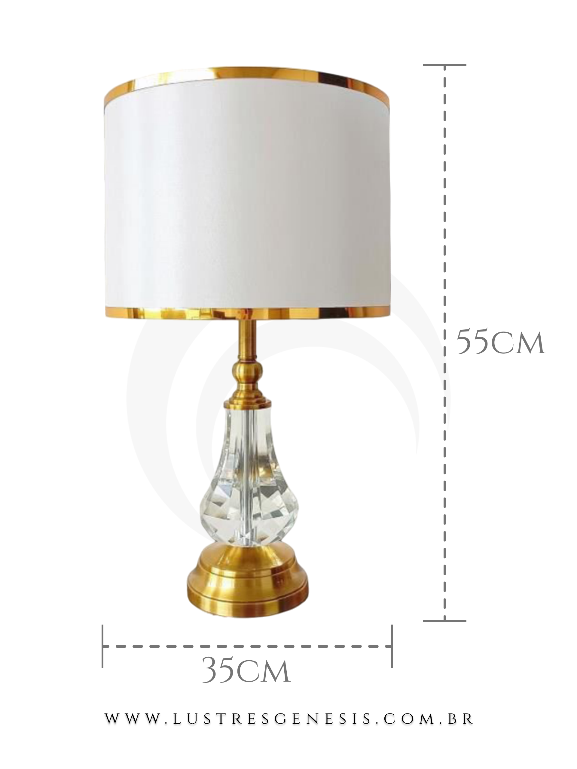 Abajur Inacia com base de cristal e detalhes dourados, cúpula branca com acabamento dourado, ideal para quartos e escritórios.